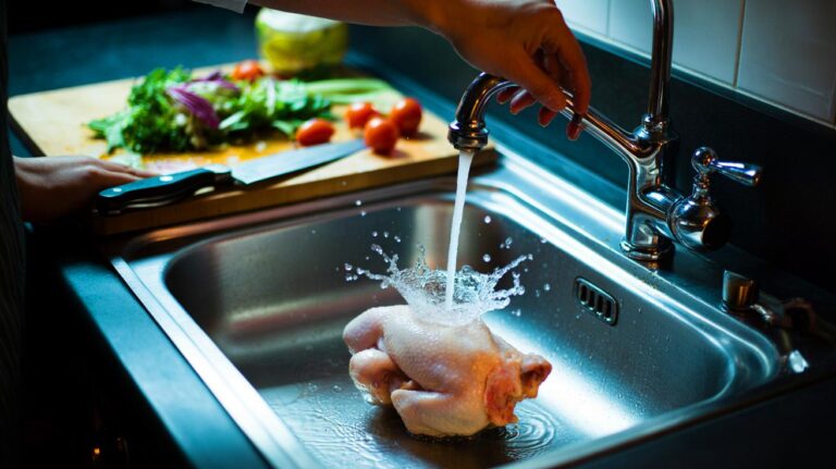 Illustration de rinçage de volaille crue sous le robinet provoquant des éclaboussures et un risque de contamination croisée