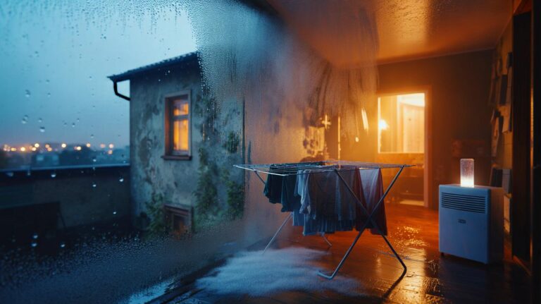 Illustration de l’étendoir à linge séchant à l’intérieur, provoquant de la condensation sur les fenêtres et des taches d’humidité sur un mur froid