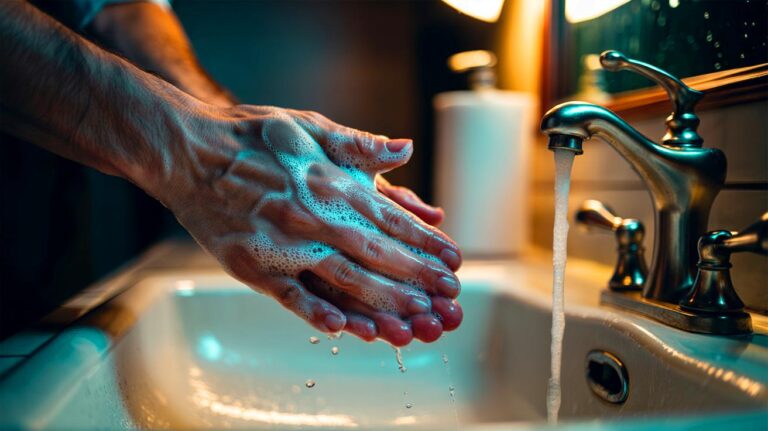 Illustration de la friction des mains au savon pendant 20 secondes sous l’eau pour réduire les bactéries