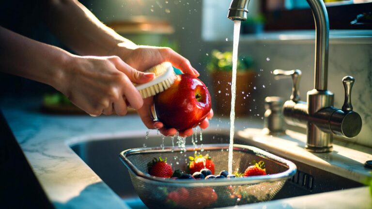 Illustration de lavage de fruits sous un filet d’eau courante, avec friction, pour éliminer les parasites