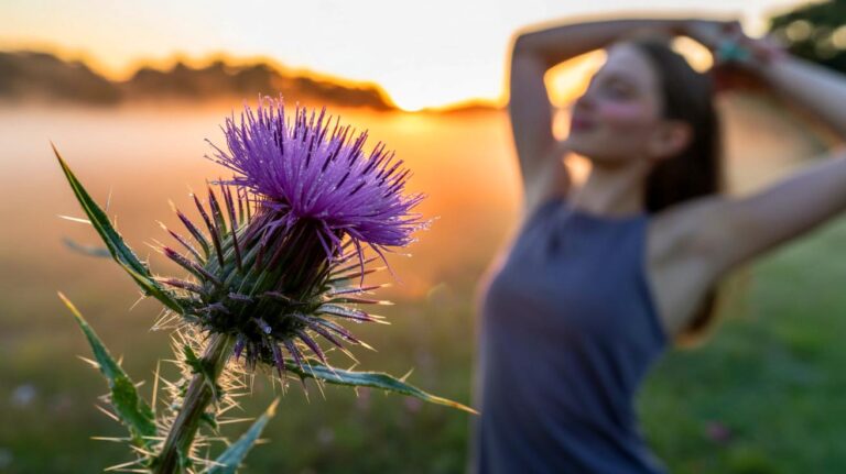 Illustration de chardon-marie (Silybum marianum) en fleur, plante associée à l’élimination des toxines et au regain d’énergie