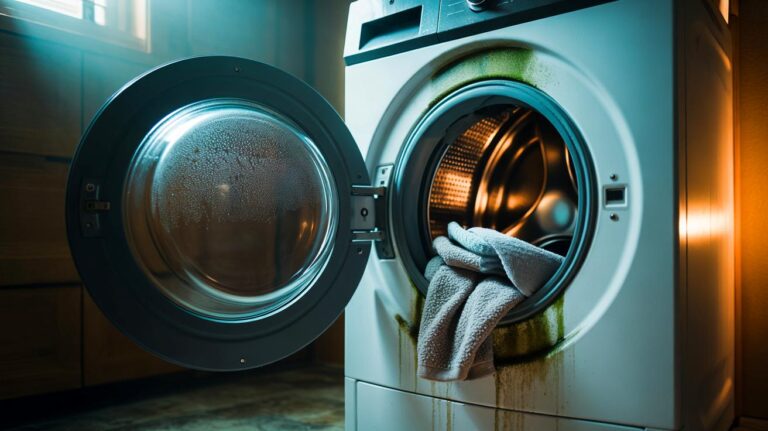 Illustration de linge oublié dans le tambour d’une machine à laver favorisant la prolifération de moisissures