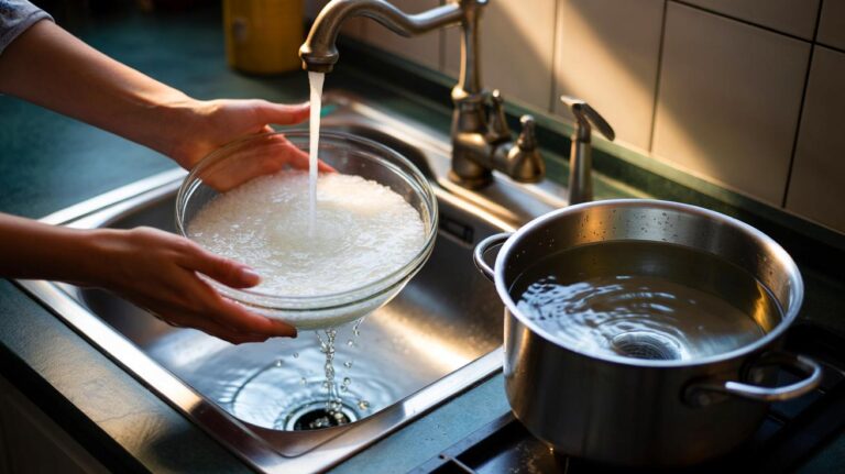 Illustration de l’eau de rinçage trouble du riz à ne jamais utiliser pour la cuisson