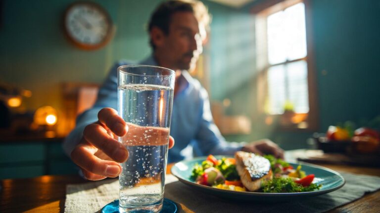 Illustration de boire un grand verre d’eau 20 à 30 minutes avant le repas pour favoriser une perte de poids durable