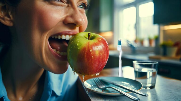 Illustration de la consommation d’une pomme après le repas pour l’hygiène bucco-dentaire