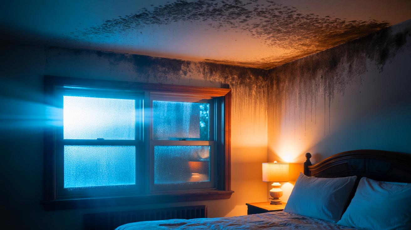 Illustration de la prolifération de spores de moisissure favorisée par le froid hivernal, la condensation et une ventilation insuffisante