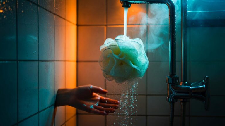 Illustration de l’éponge fleur humide laissée dans une douche, favorisant la prolifération microbienne et les infections cutanées