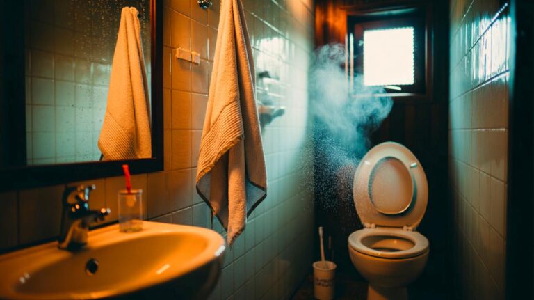 Illustration de serviette humide, brosse à dents laissée à l’air libre et couvercle des toilettes relevé dans une salle de bain mal ventilée favorisant les microbes