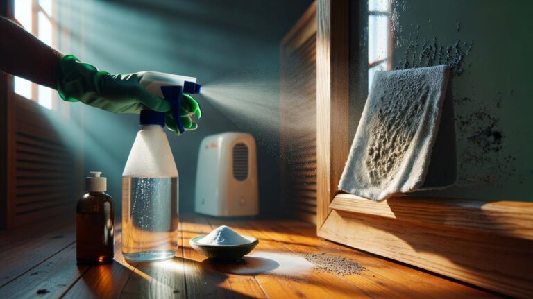 Illustration de l’application d’un mélange peroxyde, bicarbonate et savon noir pour traiter la moisissure sur le bois