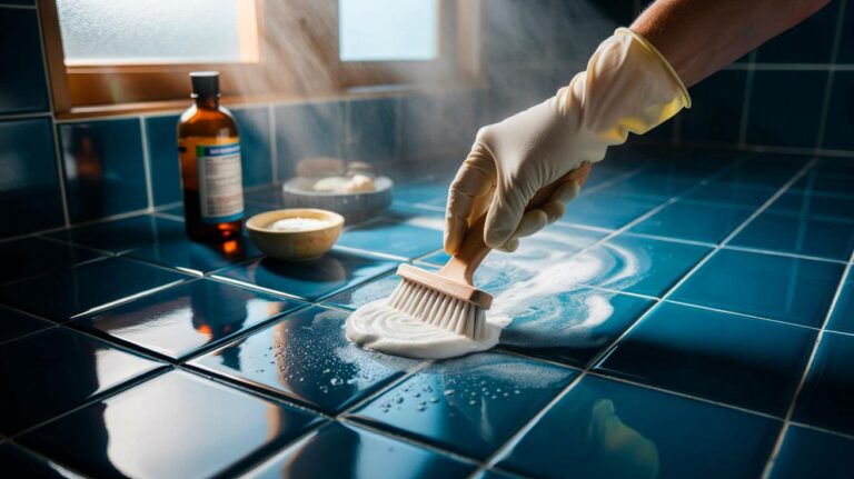 Illustration de l’application d’un mélange oxygéné maison au peroxyde d’hydrogène et bicarbonate sur des joints de carrelage pour éliminer les spores de moisissure, alternative à la Javel