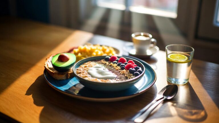 Illustration de petit-déjeuner protéiné, riche en fibres et en bons lipides, augmentant la concentration et l’énergie, alternative au café
