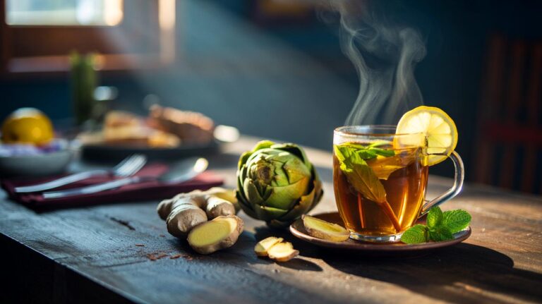 Illustration de [une tisane tiède au citron, gingembre et artichaut servie après un repas copieux pour soutenir le foie]