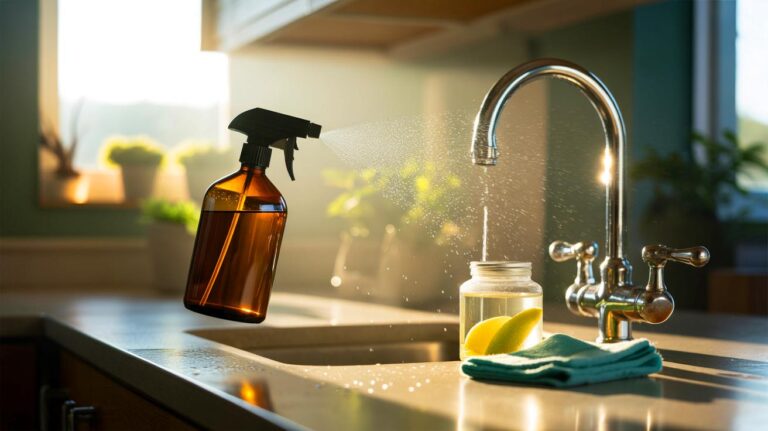 Illustration de l’utilisation d’un spray nettoyant naturel maison à base d’eau, de vinaigre et de tensioactif pour assainir toute la maison