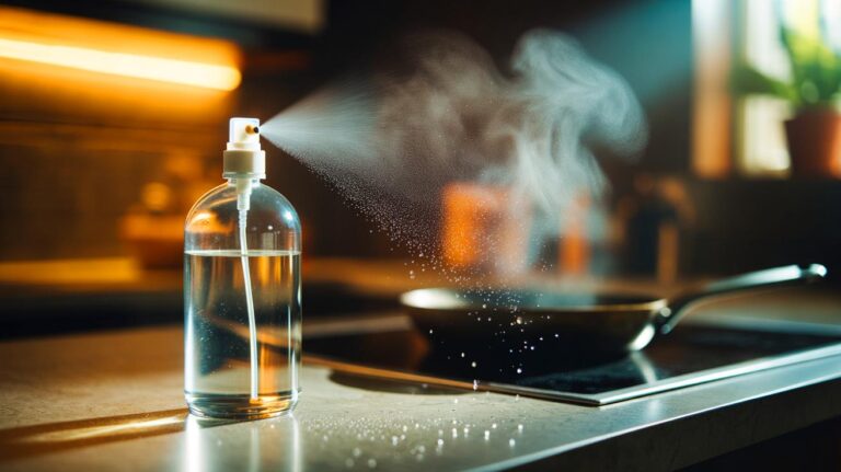 Illustration de [un flacon pulvérisateur contenant un mélange vinaigre–alcool–eau utilisé pour neutraliser instantanément les odeurs domestiques]