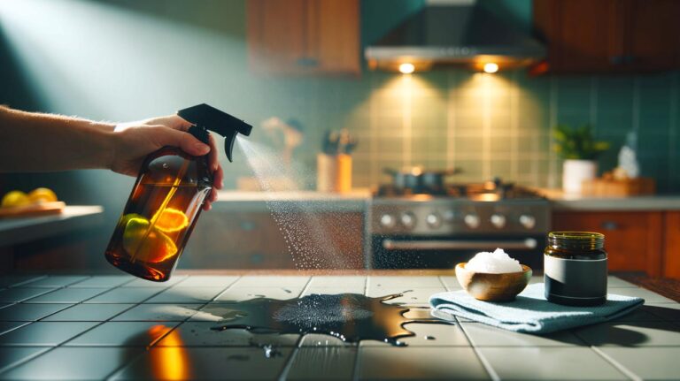 Illustration de l’utilisation d’un spray naturel dégraissant pour effacer la graisse en cuisine