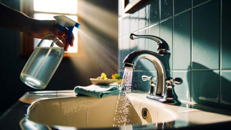 Illustration de l’utilisation du vinaigre blanc pour dissoudre le calcaire et faire briller la robinetterie et les parois de douche de la salle de bain