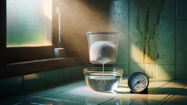 Illustration d’un piège à humidité maison au chlorure de calcium asséchant l’air et empêchant la moisissure sur un mur intérieur
