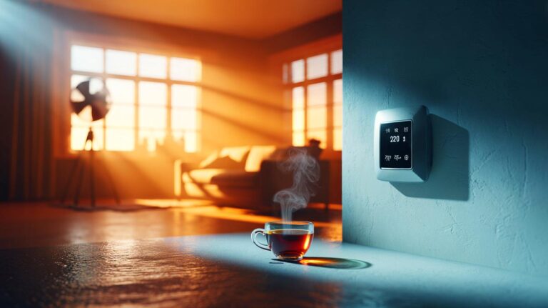Illustration de [un thermostat affichant 19 °C et 50 % HR maintenant un degré constant pour prévenir la condensation et les taches d’humidité sur les murs]