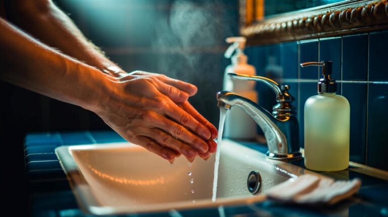 Illustration de la technique de lavage des mains en 20 secondes, avec friction et séchage minutieux, plus importante que le choix du savon