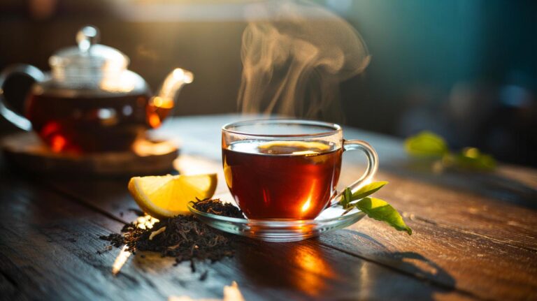 Illustration de thé noir fumant avec rondelle de citron et feuilles de thé, mettant en avant le renforcement de l’immunité