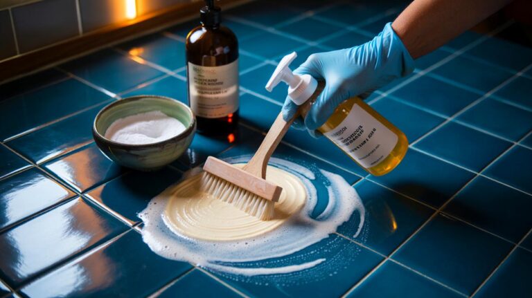 Illustration de [mélange de bicarbonate, d’eau oxygénée 3 % et de savon utilisé pour nettoyer efficacement les joints de carrelage]