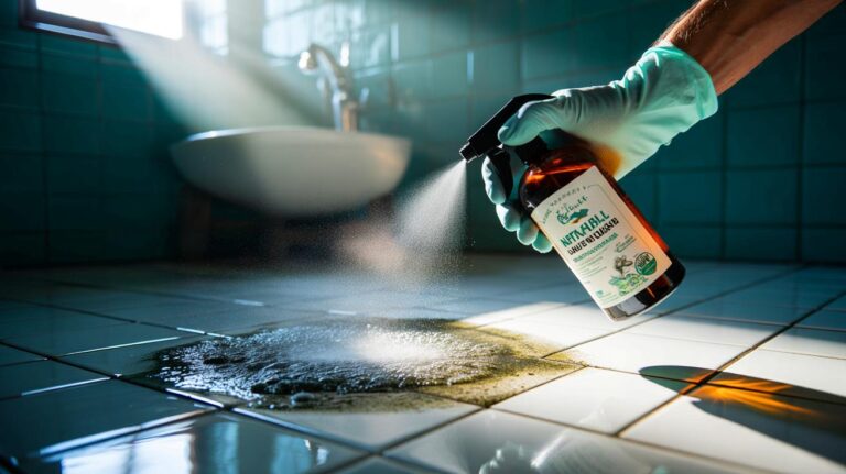 Illustration de l’application d’un spray naturel dissolvant la moisissure sans effort sur des joints de salle de bains