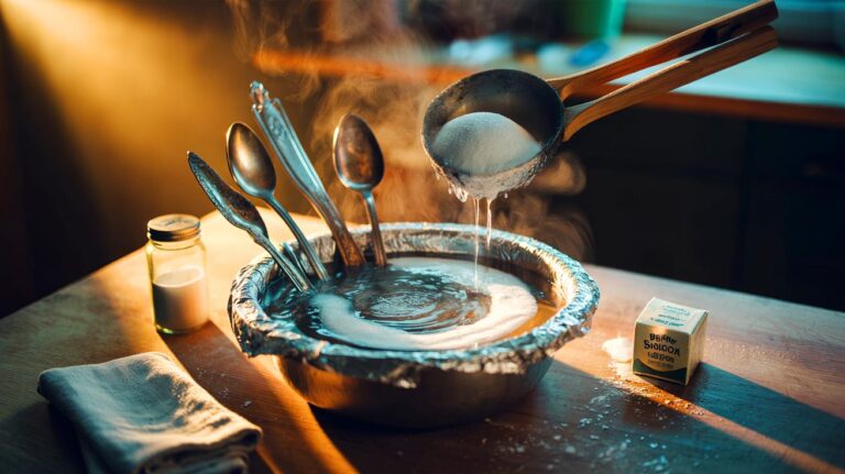 Illustration de trempage d’argenterie dans une bassine d’eau chaude avec feuille d’aluminium, bicarbonate et sel pour raviver l’éclat
