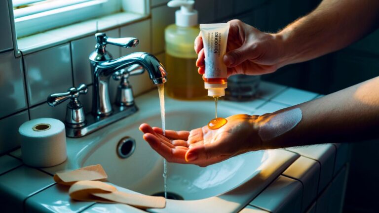 Illustration de l’utilisation de miel médical stérilisé pour soigner une brûlure superficielle de la peau