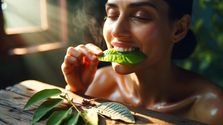 Illustration de feuilles de goyavier, de neem et de sauge utilisées pour nettoyer la bouche naturellement