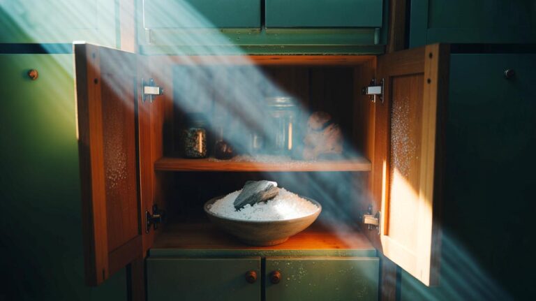 Illustration de l’installation d’un bol de dessiccant naturel dans un placard pour absorber l’humidité et prévenir la moisissure