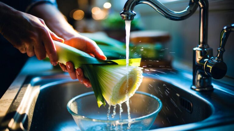 Illustration de rinçage précis d’un poireau ouvert en éventail sous un filet d’eau froide pour éliminer sable et impuretés