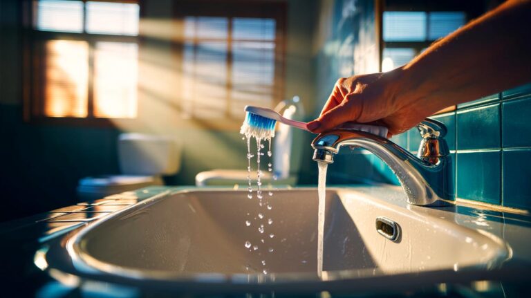 Illustration de rinçage de la brosse à dents sous l’eau du robinet au réveil