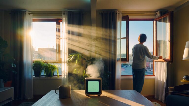 Illustration de l’aération d’un logement vers 10 h du matin, fenêtres ouvertes en ventilation croisée pour améliorer la qualité de l’air intérieur