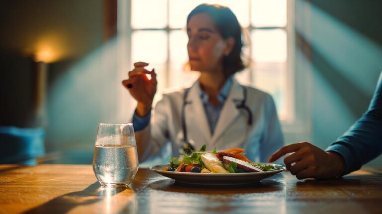 Illustration de la consommation d’un verre d’eau 20 à 30 minutes avant le repas, recommandée par les médecins