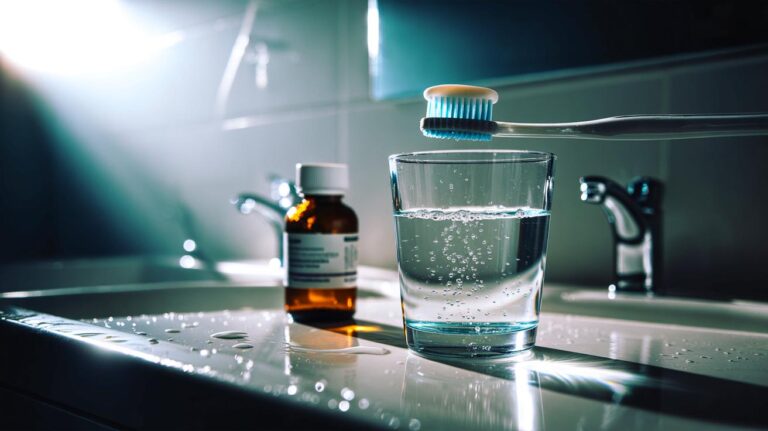 Illustration de rinçage d’une brosse à dents dans une solution de peroxyde d’hydrogène 3 % diluée