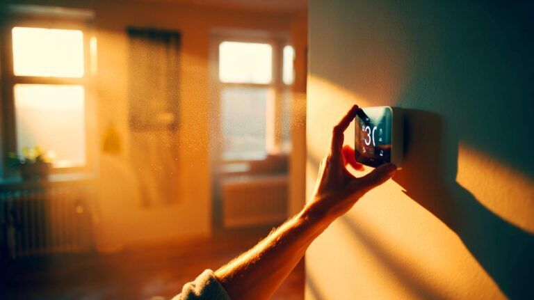 Illustration de réglage d’un thermostat domestique à 19–20 °C pour stabiliser la température et éviter la condensation, afin d’empêcher la moisissure sans appareil coûteux