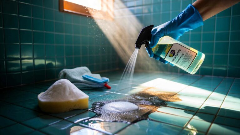 Illustration de l’élimination naturelle et sans danger de la moisissure dans la douche avec du vinaigre blanc et du bicarbonate de soude