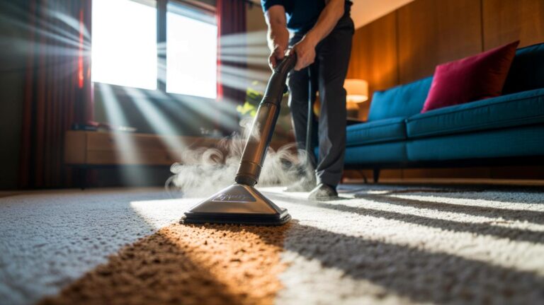 Illustration de l’entretien d’un tapis à la vapeur sèche avec extraction microfibre, sans détergent