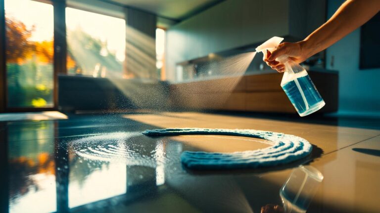 Illustration de l’utilisation d’un spray léger et d’une microfibre en mouvement en S pour faire briller le sol en quelques minutes