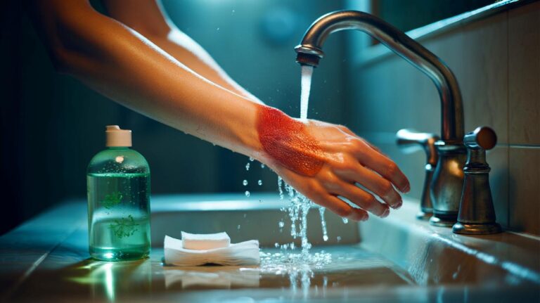 Illustration de [refroidissement d’une brûlure légère sous un filet d’eau froide, suivi de l’application de gel d’aloé vera et de la pose d’une compresse non adhérente]