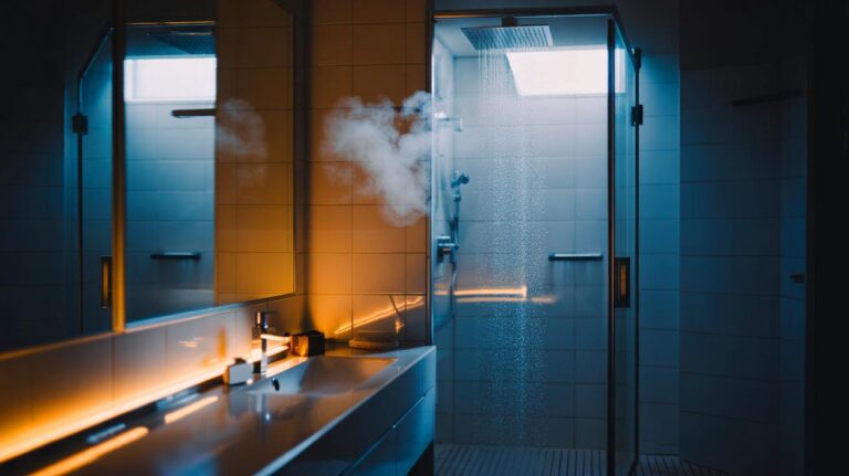Illustration de la stratégie de température sans effort pour garder la salle de bain sèche, avec miroir sans buée, surfaces tièdes et sèche-serviettes programmé