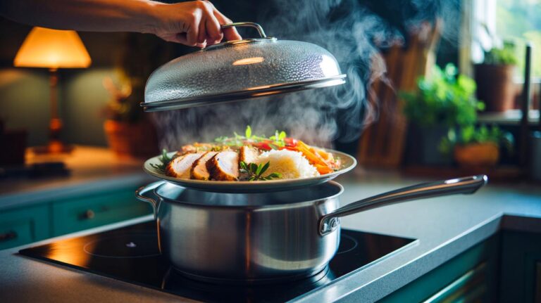 Illustration de la méthode de réchauffage des plats à la vapeur douce, sans four, pour préserver l’humidité et la texture
