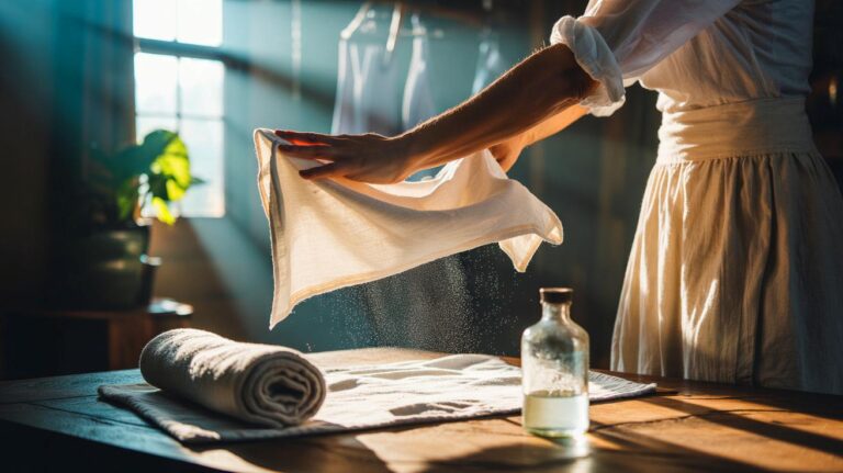 Illustration de mains claquant et lissant un linge fraîchement rincé pour l’adoucir sans machine
