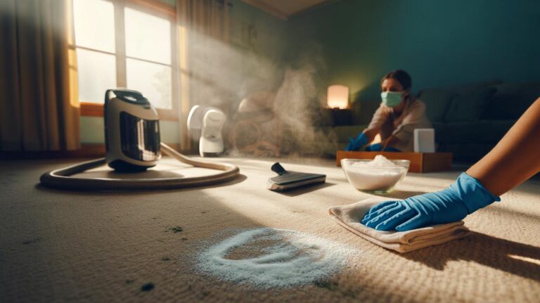 Illustration de technique douce pour nettoyer une moquette moisie, avec aspiration HEPA, bicarbonate et mousse savonneuse, sans produits agressifs