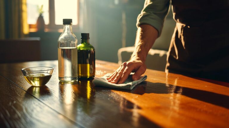 Illustration de l’astuce économique au vinaigre blanc et à l’huile d’olive pour rendre des meubles en bois impeccables