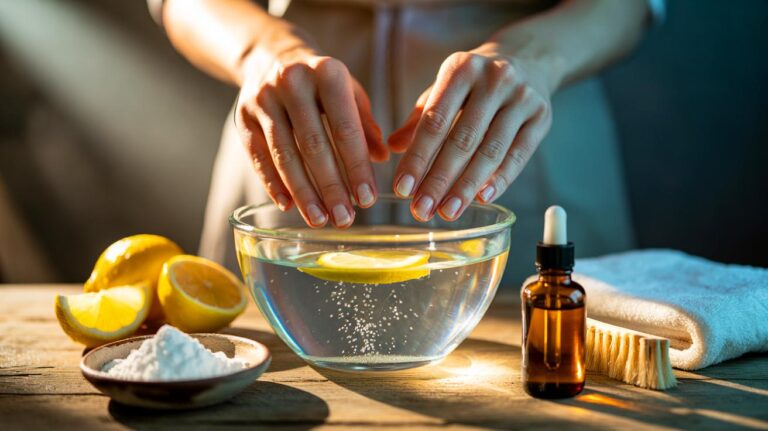 Illustration de la technique économique de blanchiment des ongles jaunis au bicarbonate et au citron