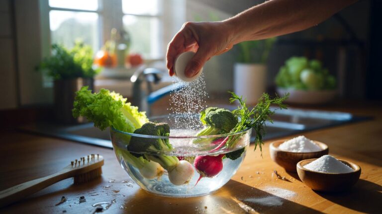 Illustration de lavage de légumes frais dans un bain d’eau, de sel et de bicarbonate pour éliminer les parasites sans produits toxiques