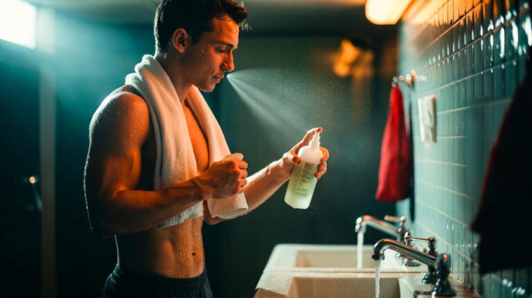 Illustration de la routine sans savon après le sport avec rinçage à l’eau tiède, microfibre et brume au pH 5,5 pour une peau fraîche.