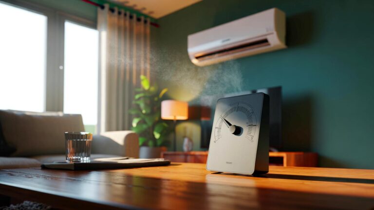 Illustration de [un hygromètre affichant 50 % d’humidité et un climatiseur en mode Dry avec ventilateur AUTO, maintenant un air sec et sain sans ventilation continue]