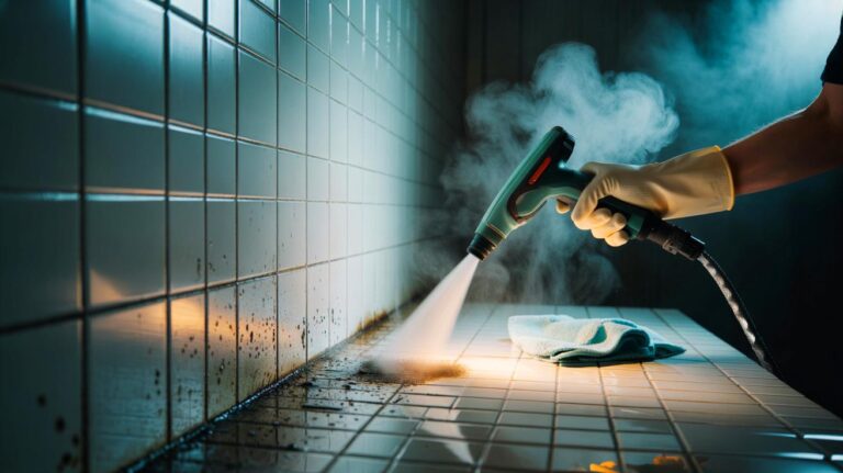 Illustration de l’élimination des taches noires sur les joints de salle de bain à la vapeur, sans vinaigre ni produits chimiques
